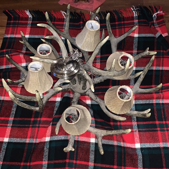 Antler chandelier with 6 lights and shades for each light. - Picture 2 of 3